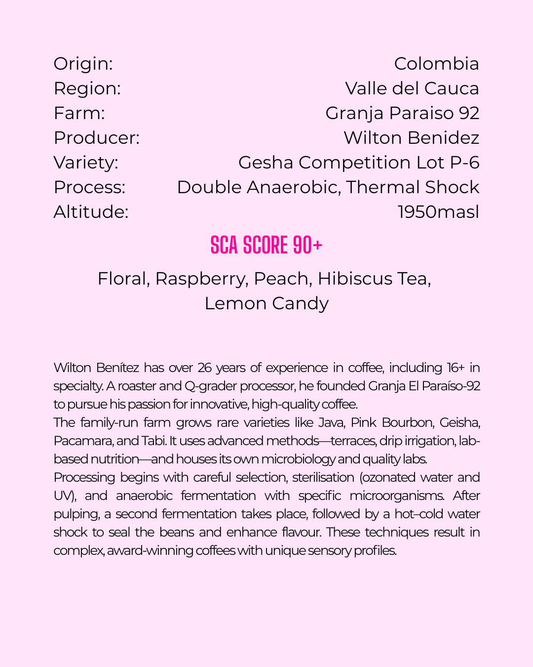 Colombia, Granja Paraiso 92 Gesha Limited Competition Lot