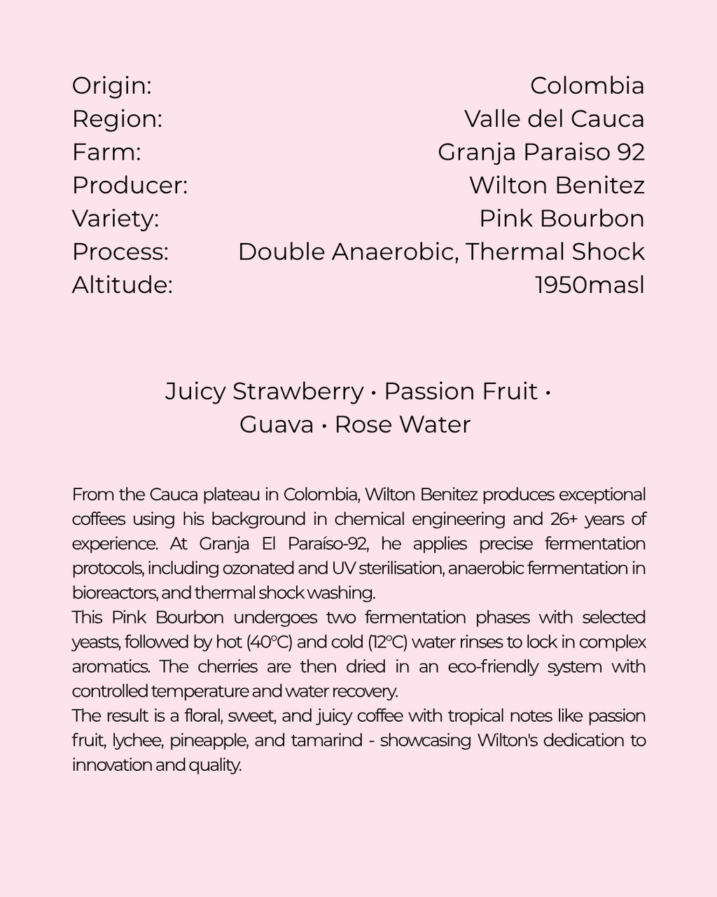 COMING SOON.  Colombia, Granja Paraiso 92 Pink Ballerina B2B
