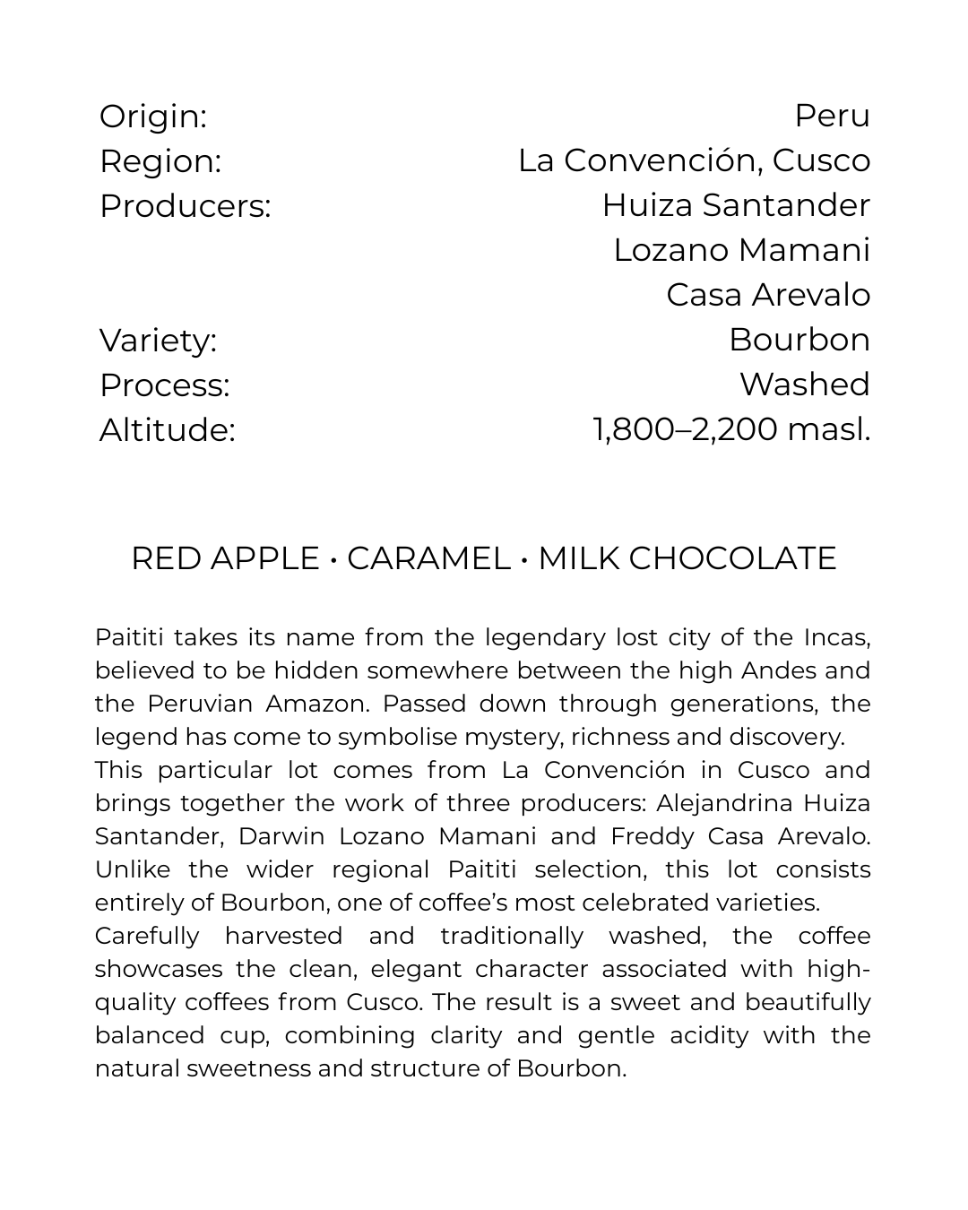 Paititi washed Bourbon coffee details – Peru
